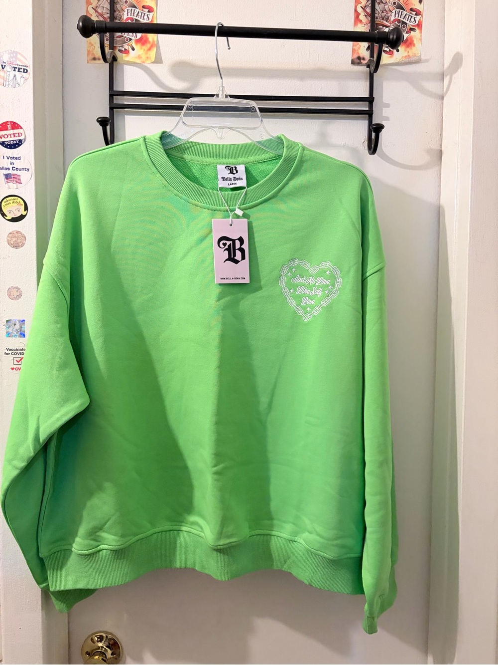Bella Doña- size L- apple green sweatshirt w/ self affirmation embr. NWT